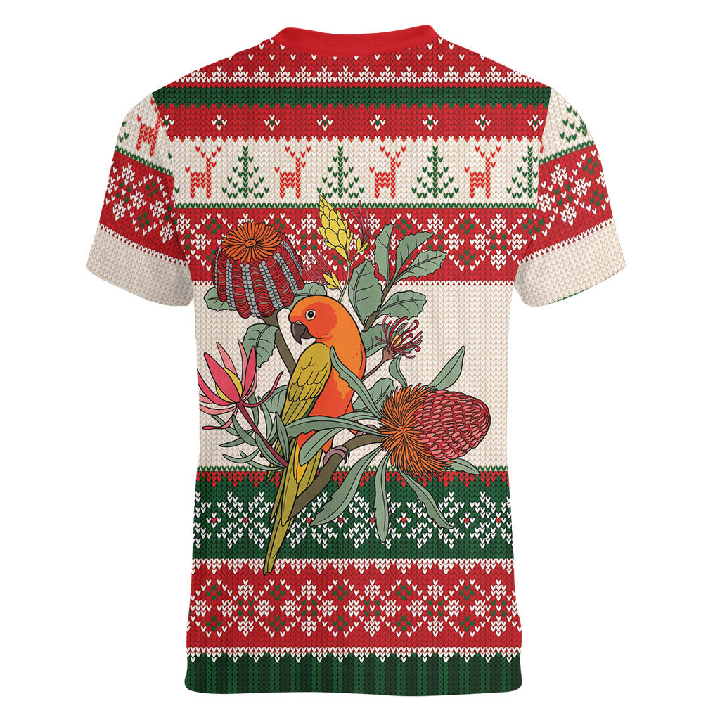 Aussie Sun Parakeet Christmas Women V-Neck T-Shirt Festive Knitted Pattern Inspired