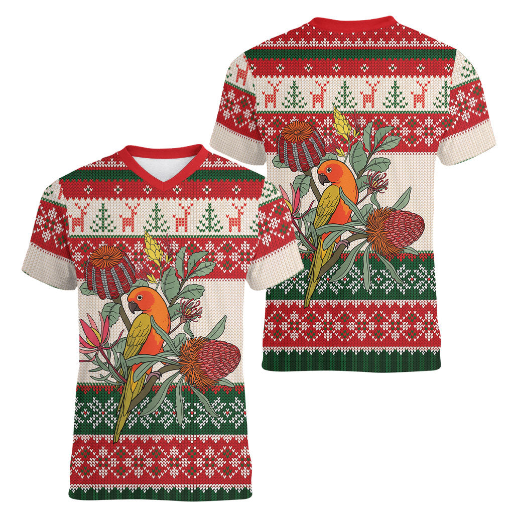 Aussie Sun Parakeet Christmas Women V-Neck T-Shirt Festive Knitted Pattern Inspired