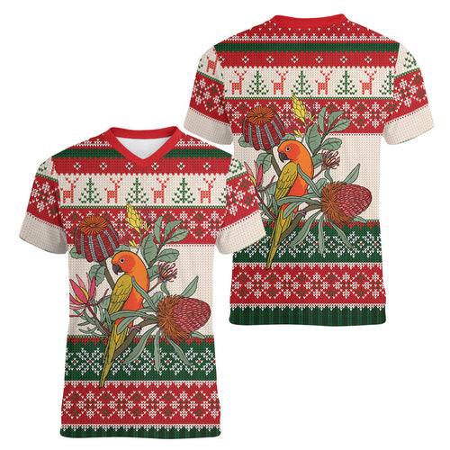 Aussie Sun Parakeet Christmas Women V-Neck T-Shirt Festive Knitted Pattern Inspired