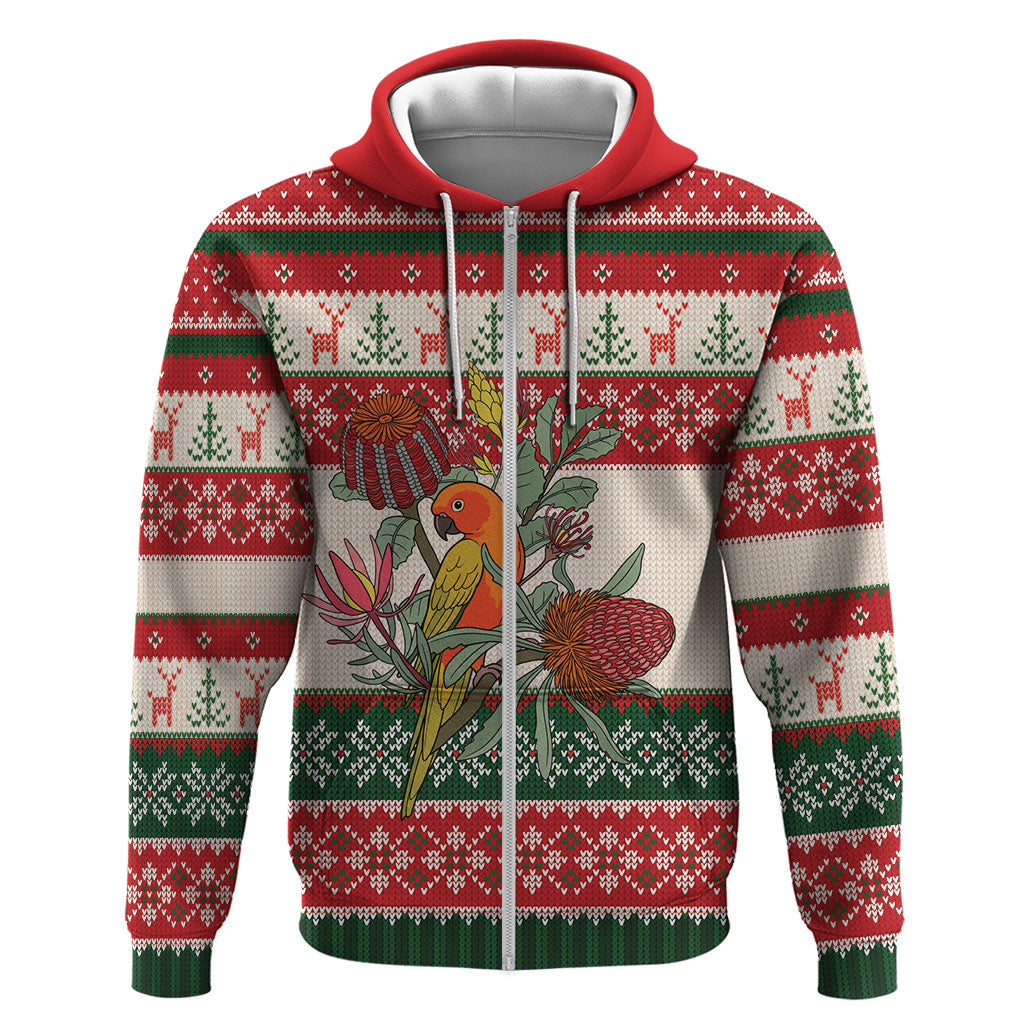 Aussie Sun Parakeet Christmas Zip Hoodie Festive Knitted Pattern Inspired
