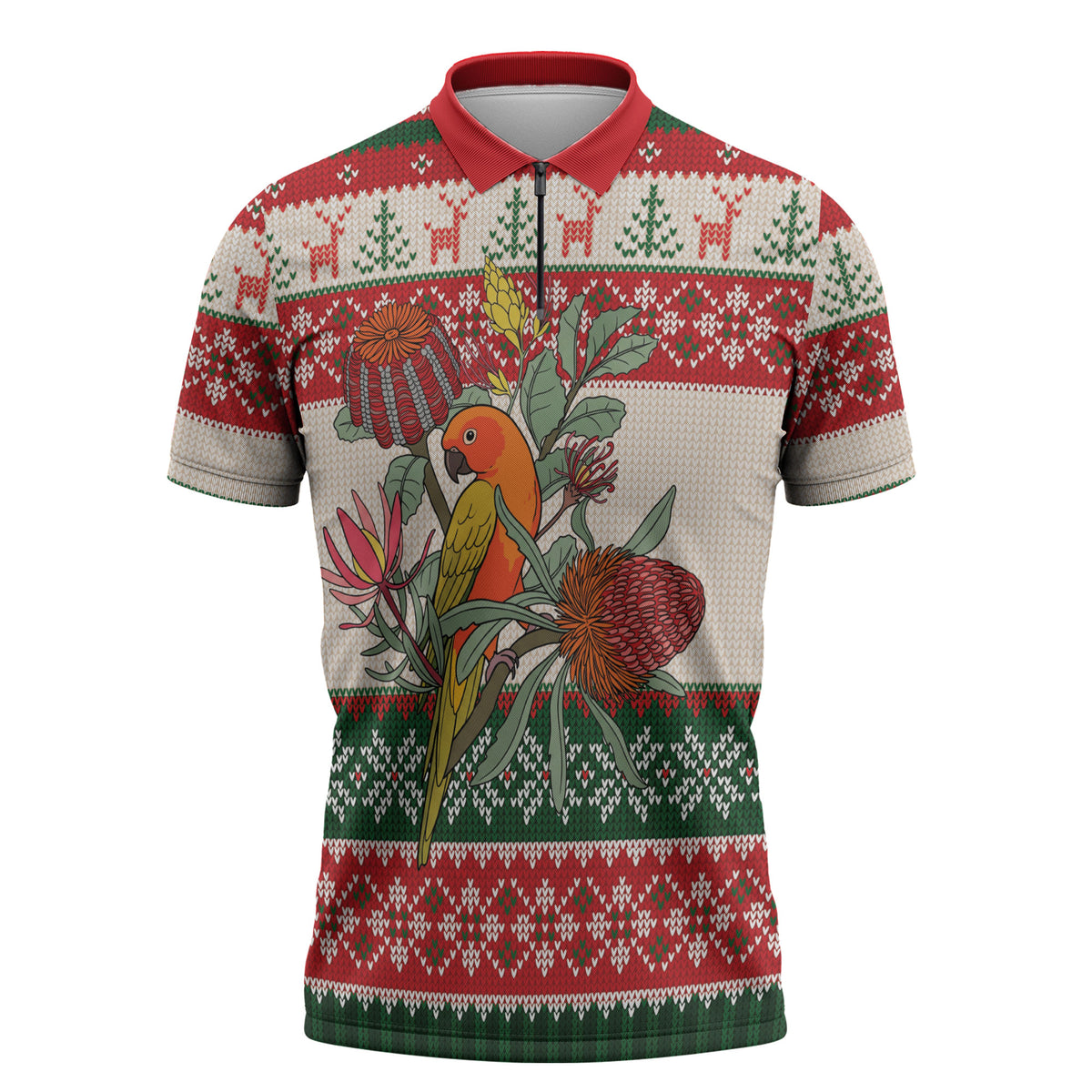Aussie Sun Parakeet Christmas Zipper Polo Shirt Festive Knitted Pattern Inspired