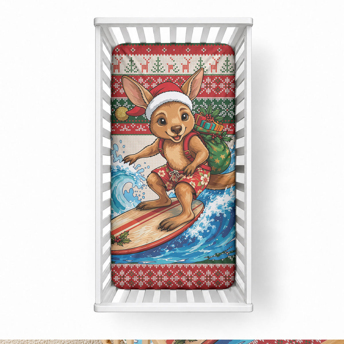 Aussie Wallaby Santa Surf Christmas Baby Bed Cover Festive Knitted Pattern Inspired