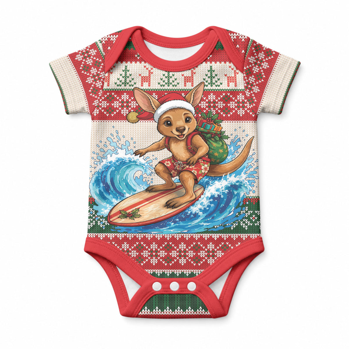 Aussie Wallaby Santa Surf Christmas Baby Onesie Festive Knitted Pattern Inspired