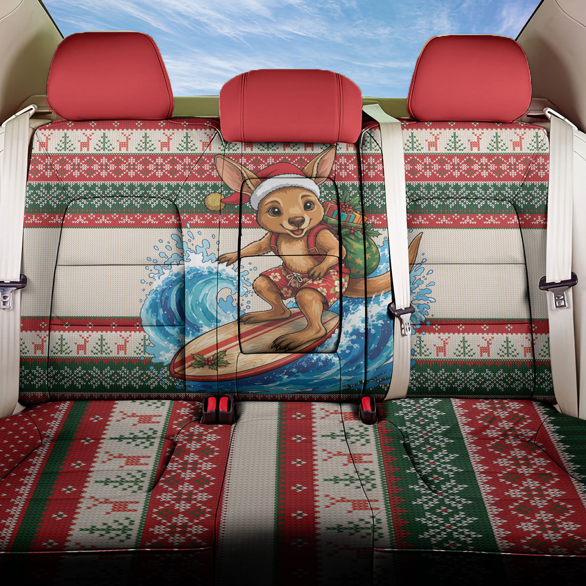 Aussie Wallaby Santa Surf Christmas Back Car Seat Cover Festive Knitted Pattern Inspired