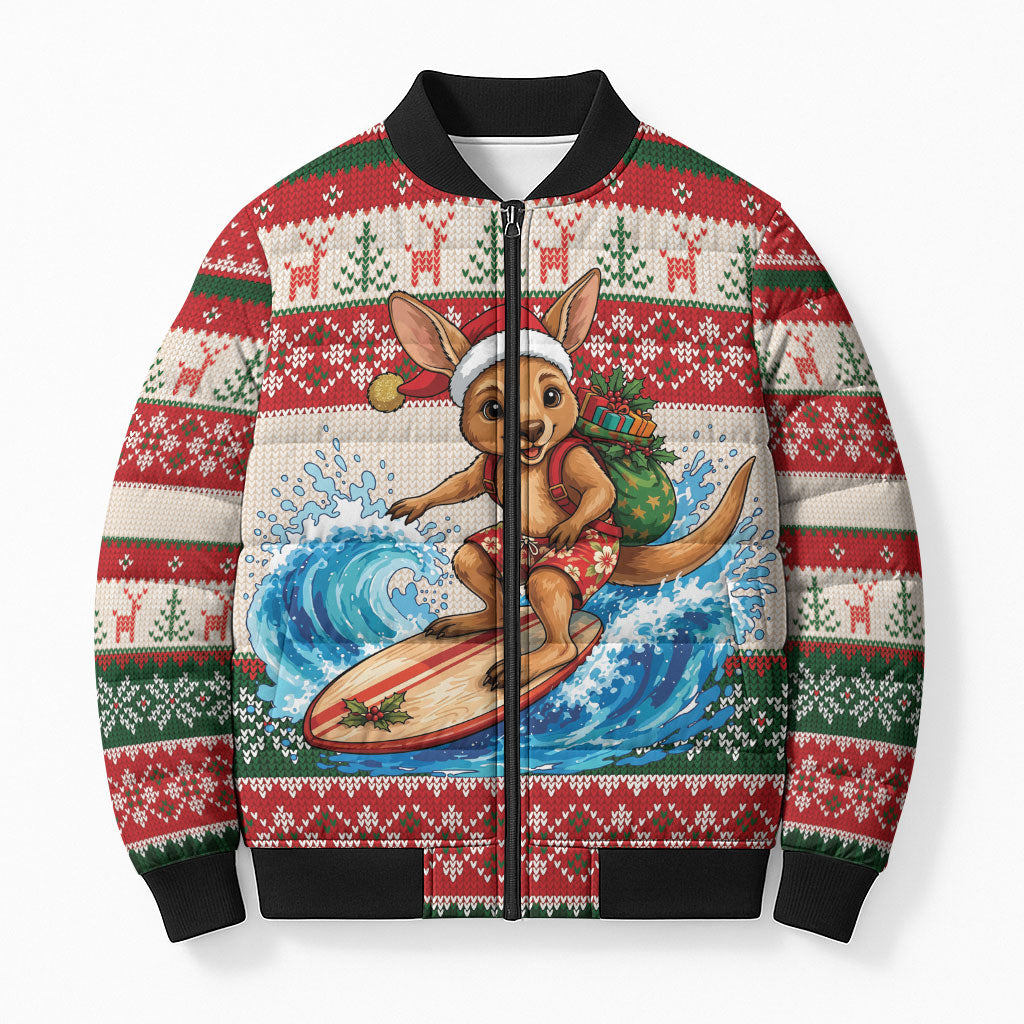 Aussie Wallaby Santa Surf Christmas Bomber Puffer Jacket Festive Knitted Pattern Inspired