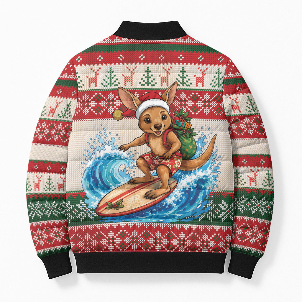 Aussie Wallaby Santa Surf Christmas Bomber Puffer Jacket Festive Knitted Pattern Inspired