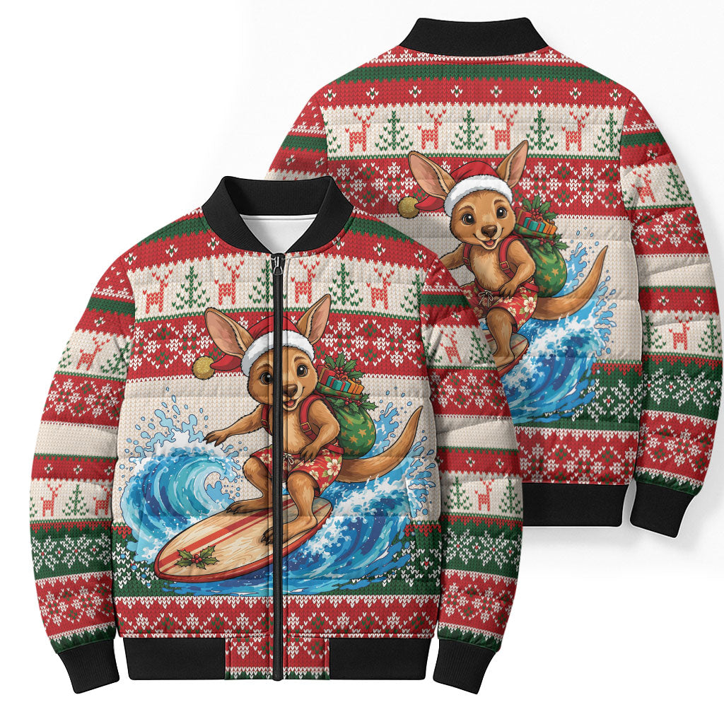 Aussie Wallaby Santa Surf Christmas Bomber Puffer Jacket Festive Knitted Pattern Inspired