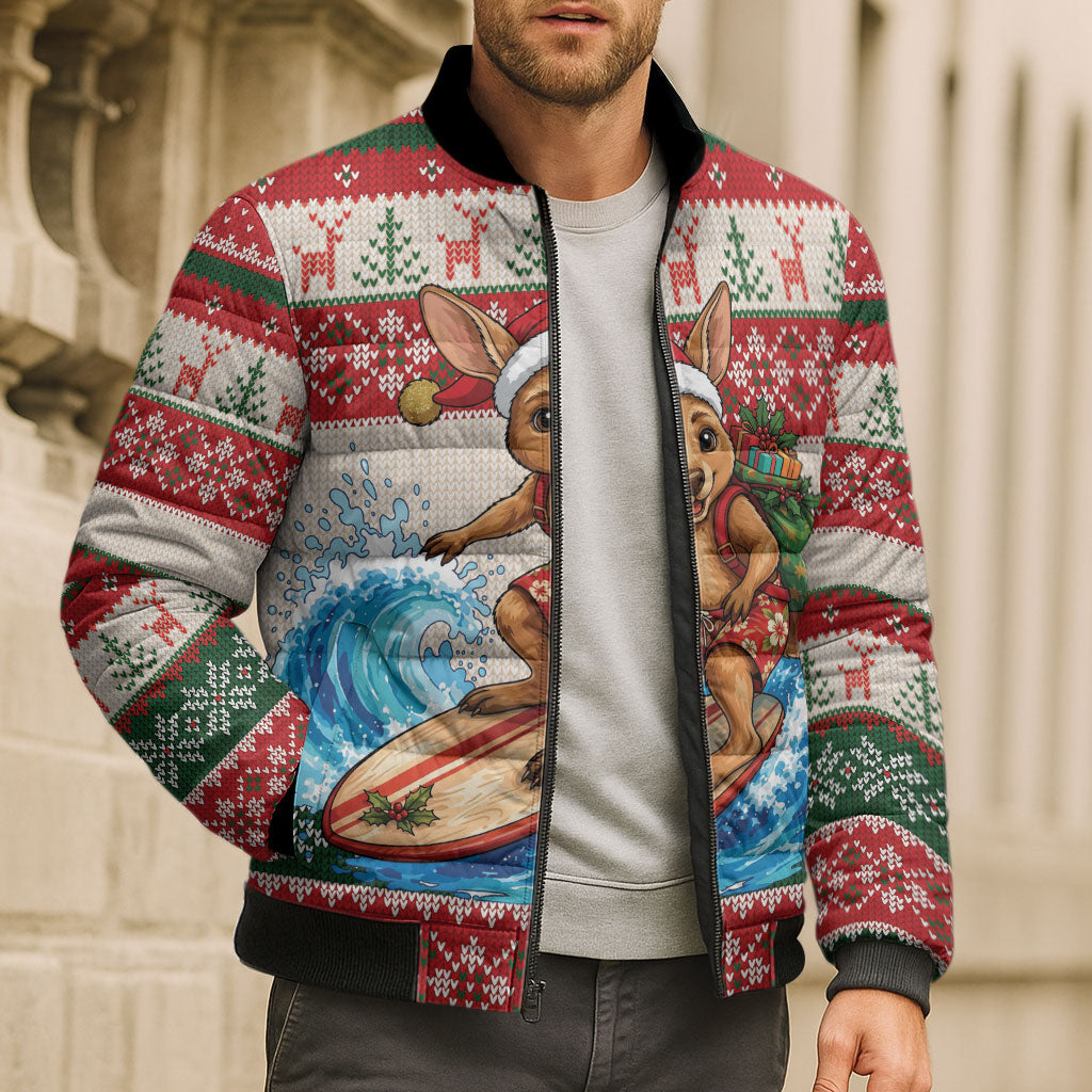 Aussie Wallaby Santa Surf Christmas Bomber Puffer Jacket Festive Knitted Pattern Inspired