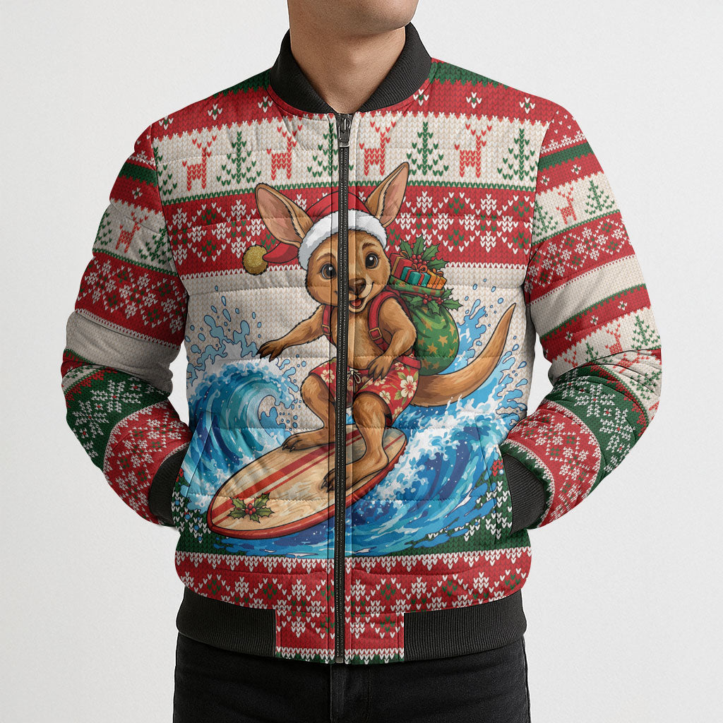 Aussie Wallaby Santa Surf Christmas Bomber Puffer Jacket Festive Knitted Pattern Inspired