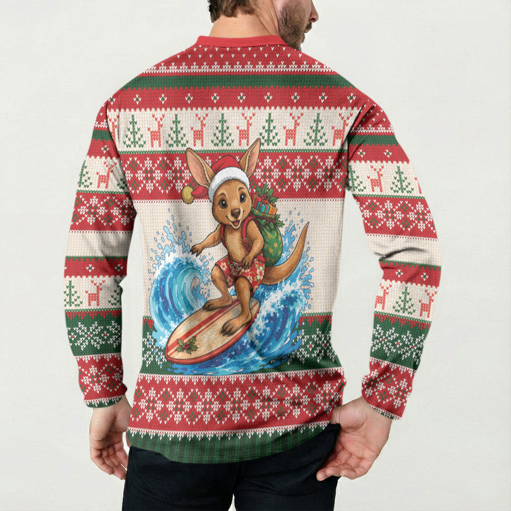 Aussie Wallaby Santa Surf Christmas Button Sweatshirt Festive Knitted Pattern Inspired