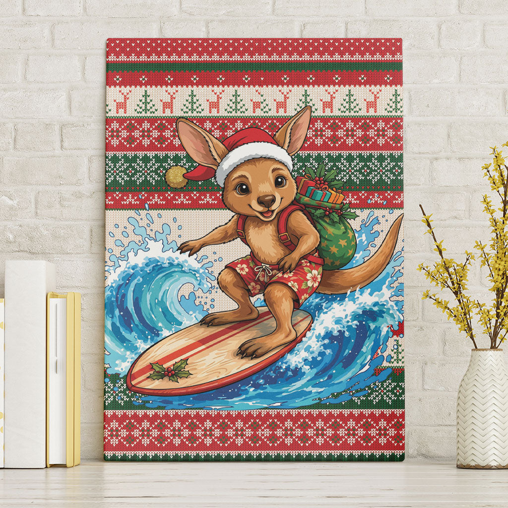 Aussie Wallaby Santa Surf Christmas Canvas Wall Art Festive Knitted Pattern Inspired