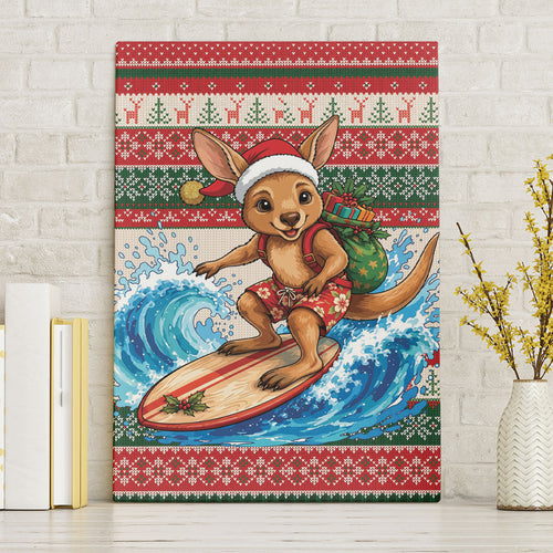 Aussie Wallaby Santa Surf Christmas Canvas Wall Art Festive Knitted Pattern Inspired