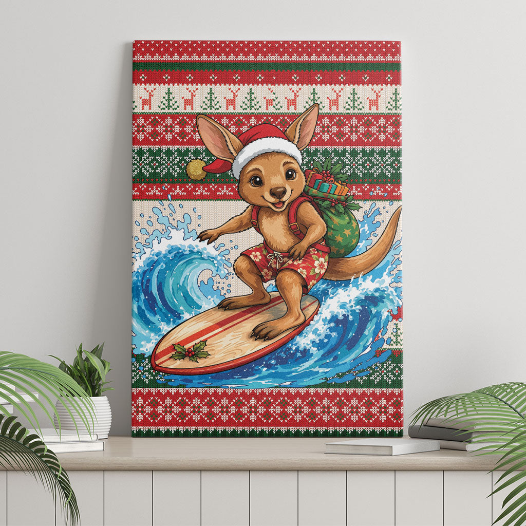 Aussie Wallaby Santa Surf Christmas Canvas Wall Art Festive Knitted Pattern Inspired