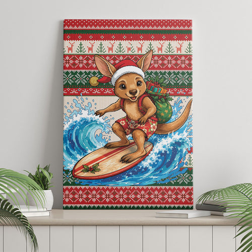 Aussie Wallaby Santa Surf Christmas Canvas Wall Art Festive Knitted Pattern Inspired