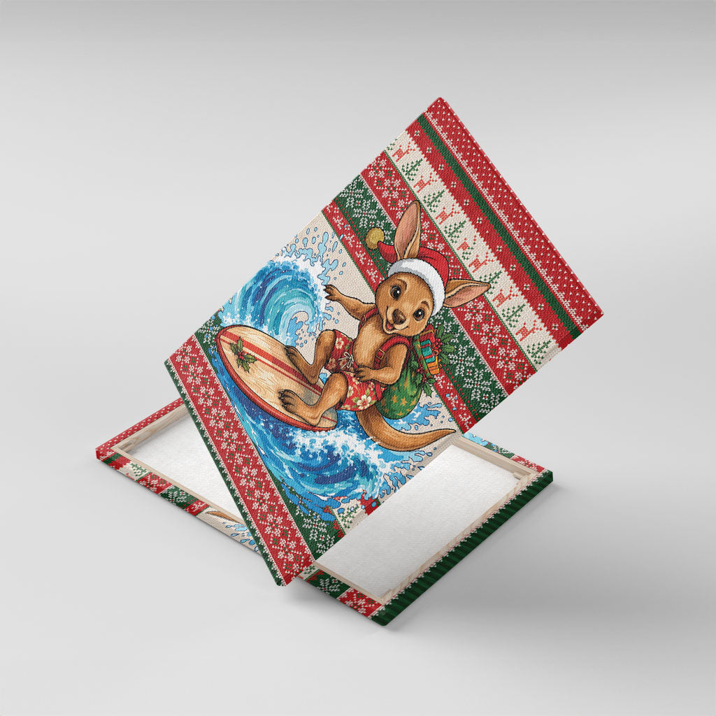 Aussie Wallaby Santa Surf Christmas Canvas Wall Art Festive Knitted Pattern Inspired