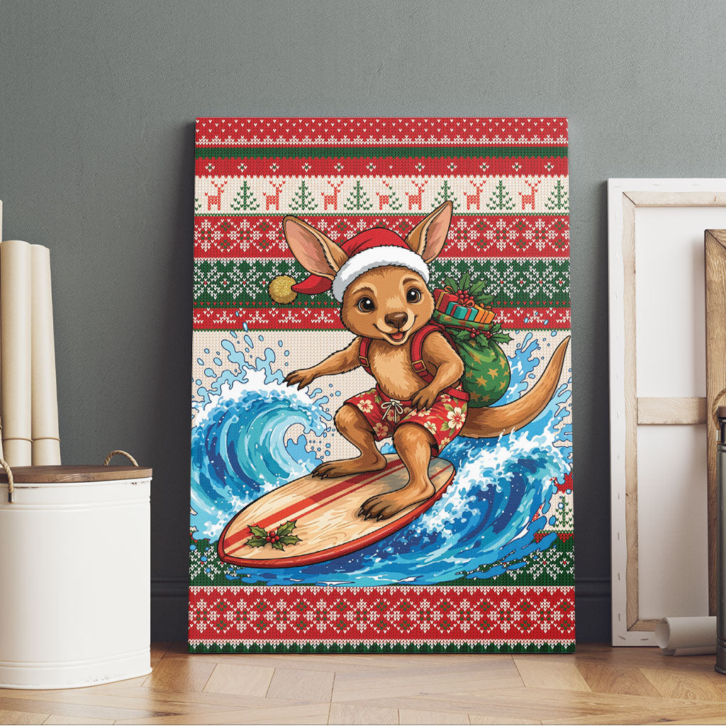 Aussie Wallaby Santa Surf Christmas Canvas Wall Art Festive Knitted Pattern Inspired