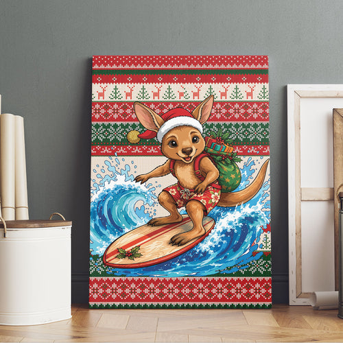 Aussie Wallaby Santa Surf Christmas Canvas Wall Art Festive Knitted Pattern Inspired