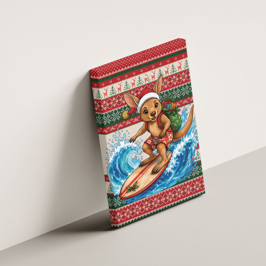 Aussie Wallaby Santa Surf Christmas Canvas Wall Art Festive Knitted Pattern Inspired