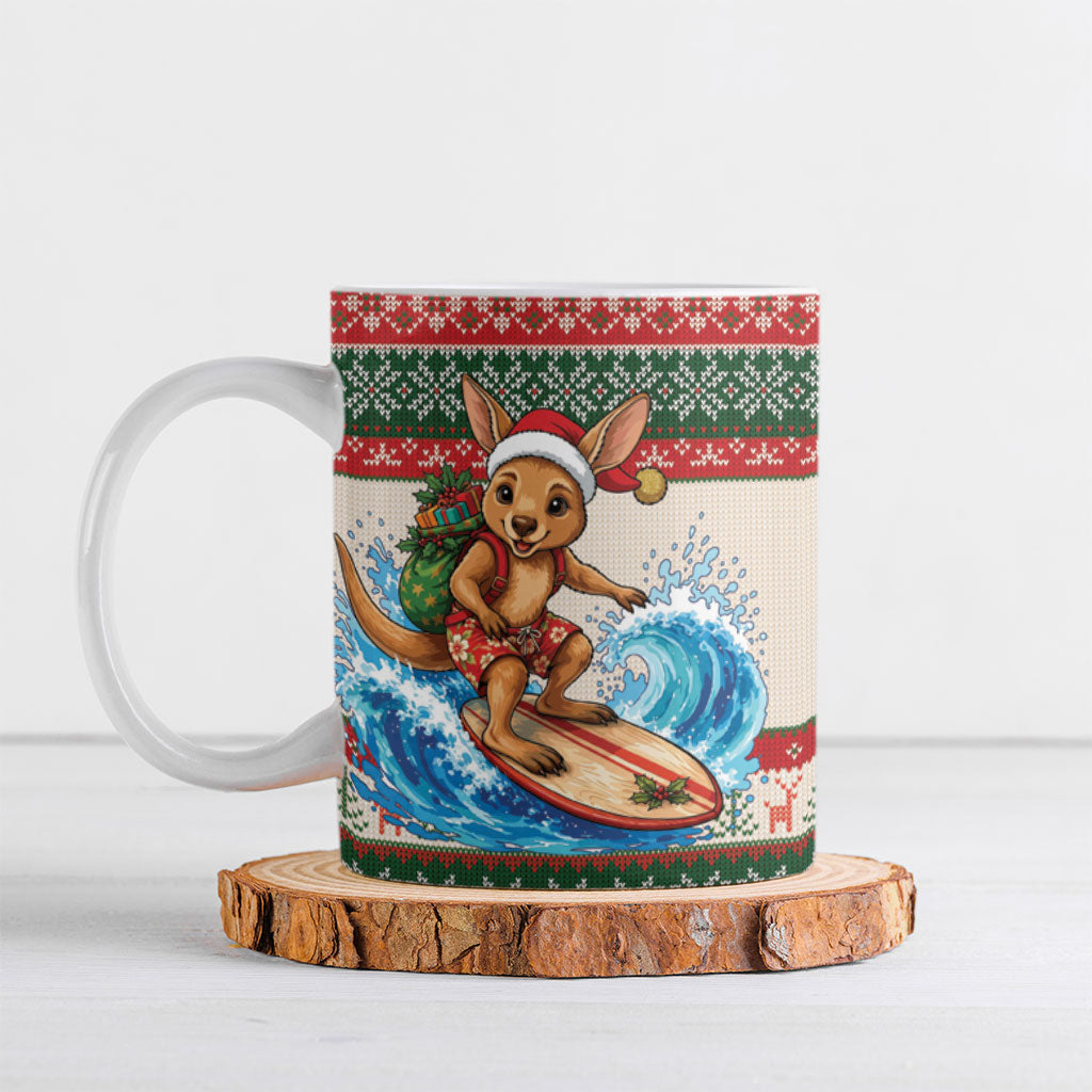 Aussie Wallaby Santa Surf Christmas Ceramic Mug Festive Knitted Pattern Inspired