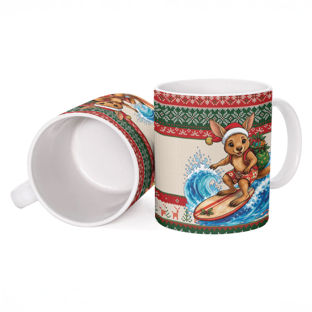 Aussie Wallaby Santa Surf Christmas Ceramic Mug Festive Knitted Pattern Inspired
