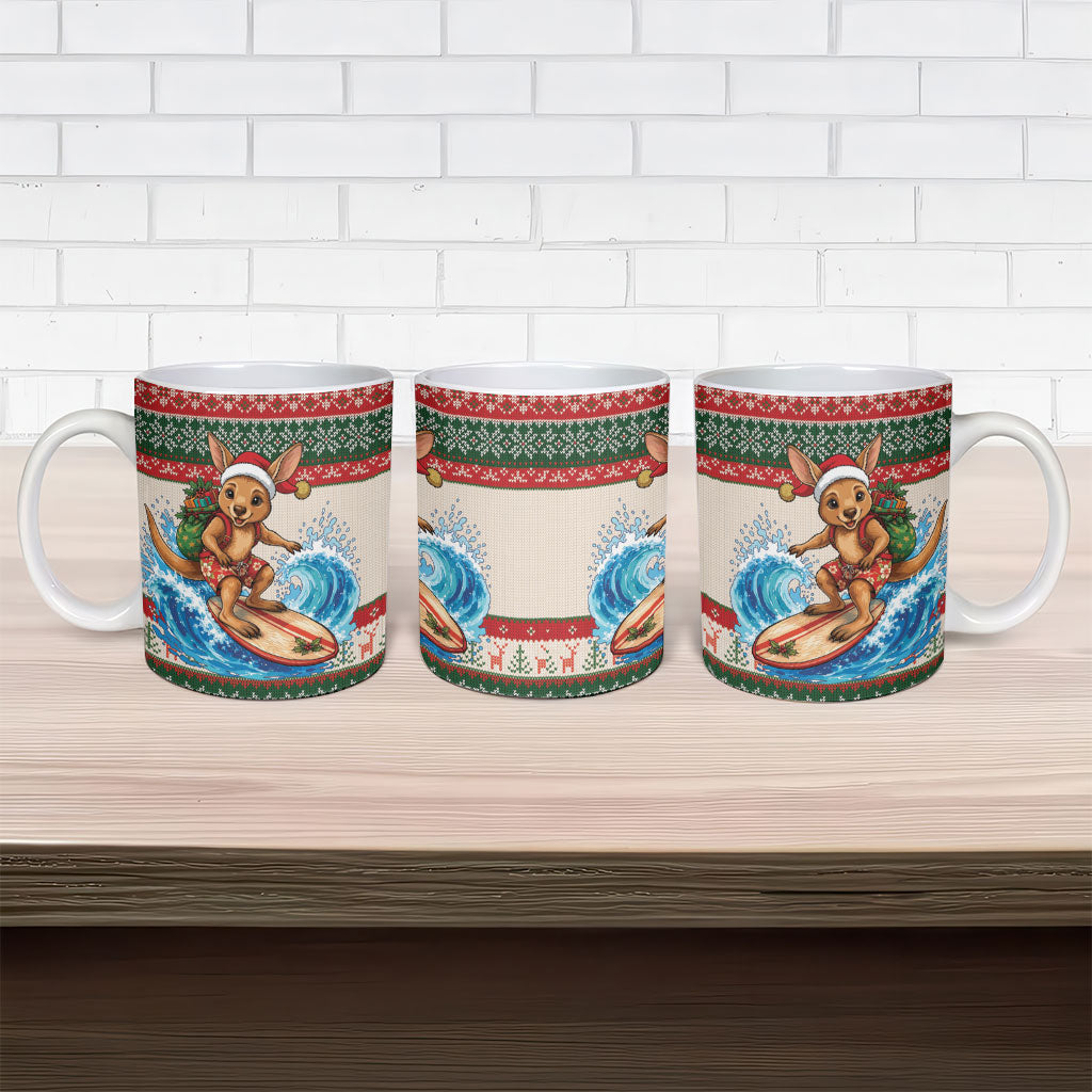 Aussie Wallaby Santa Surf Christmas Ceramic Mug Festive Knitted Pattern Inspired