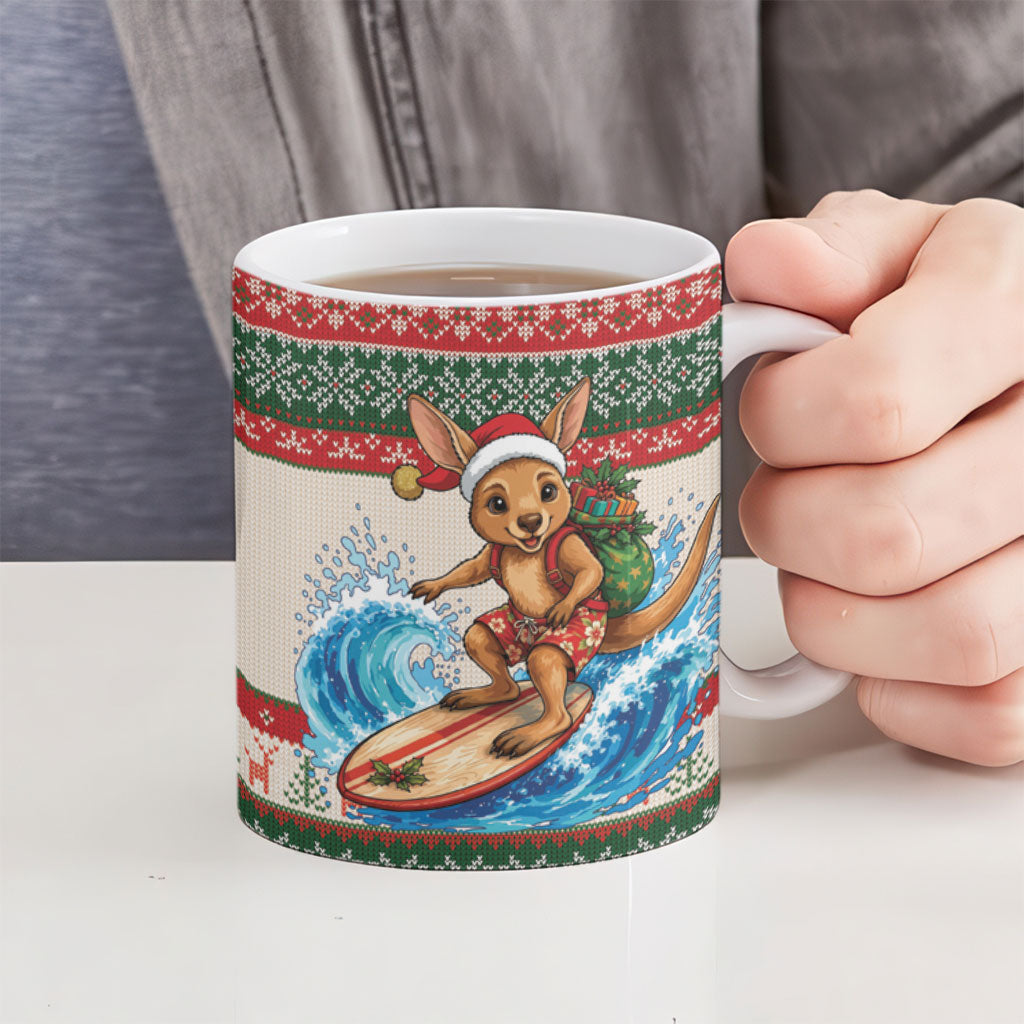 Aussie Wallaby Santa Surf Christmas Ceramic Mug Festive Knitted Pattern Inspired