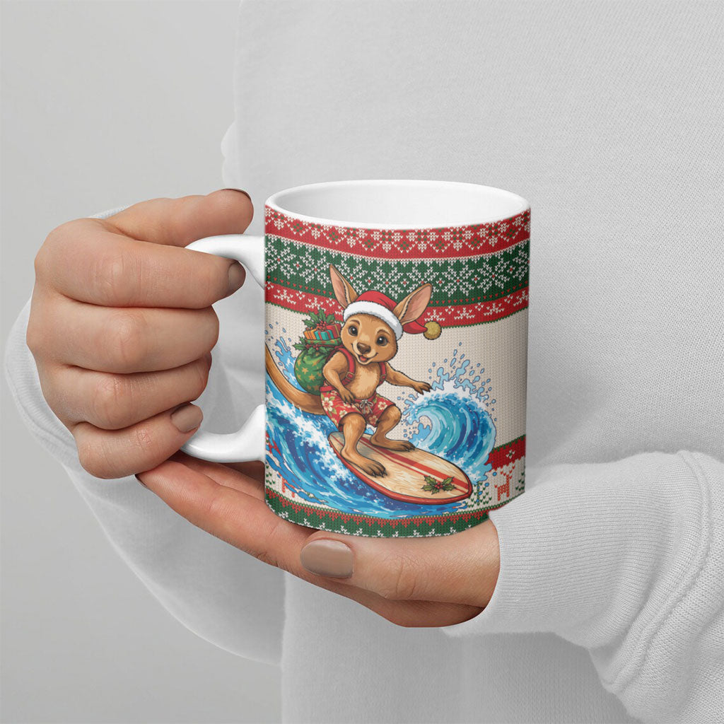 Aussie Wallaby Santa Surf Christmas Ceramic Mug Festive Knitted Pattern Inspired