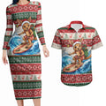 Aussie Wallaby Santa Surf Christmas Couples Matching Long Sleeve Bodycon Dress and Hawaiian Shirt Festive Knitted Pattern Inspired