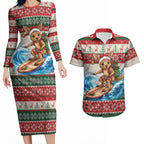Aussie Wallaby Santa Surf Christmas Couples Matching Long Sleeve Bodycon Dress and Hawaiian Shirt Festive Knitted Pattern Inspired