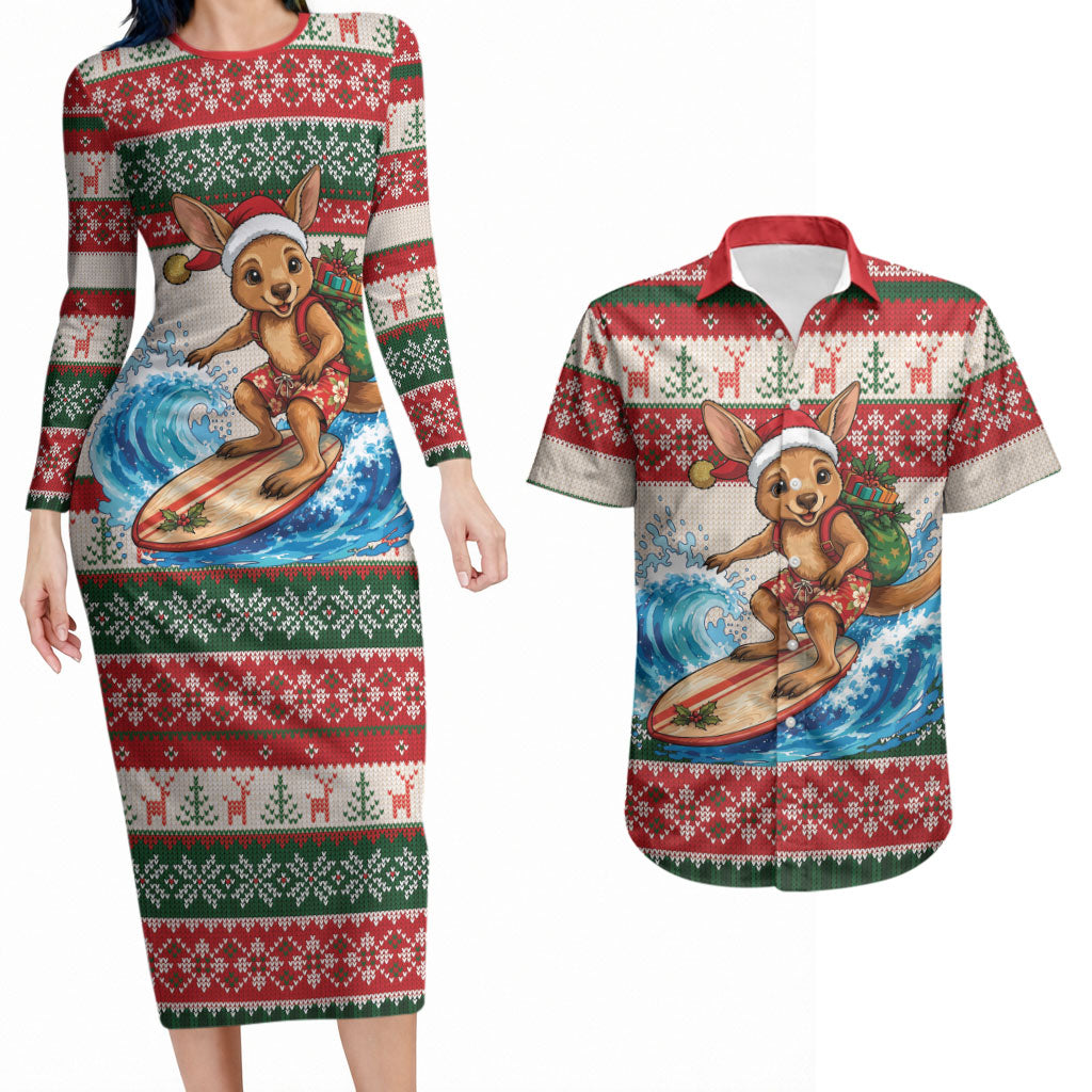Aussie Wallaby Santa Surf Christmas Couples Matching Long Sleeve Bodycon Dress and Hawaiian Shirt Festive Knitted Pattern Inspired