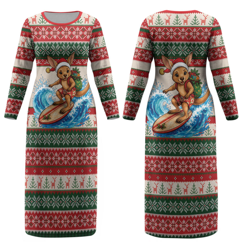 Aussie Wallaby Santa Surf Christmas Couples Matching Long Sleeve Bodycon Dress and Hawaiian Shirt Festive Knitted Pattern Inspired