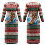 Aussie Wallaby Santa Surf Christmas Couples Matching Long Sleeve Bodycon Dress and Hawaiian Shirt Festive Knitted Pattern Inspired