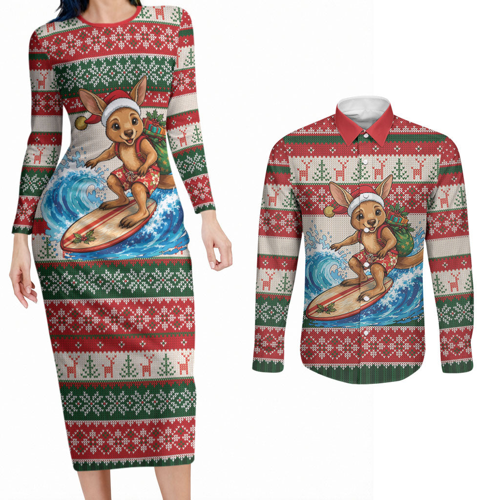 Aussie Wallaby Santa Surf Christmas Couples Matching Long Sleeve Bodycon Dress and Long Sleeve Button Shirt Festive Knitted Pattern Inspired