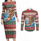 Aussie Wallaby Santa Surf Christmas Couples Matching Long Sleeve Bodycon Dress and Long Sleeve Button Shirt Festive Knitted Pattern Inspired