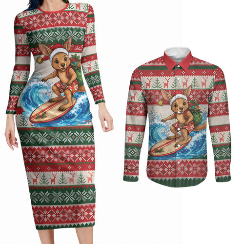 Aussie Wallaby Santa Surf Christmas Couples Matching Long Sleeve Bodycon Dress and Long Sleeve Button Shirt Festive Knitted Pattern Inspired