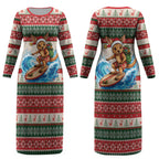Aussie Wallaby Santa Surf Christmas Couples Matching Long Sleeve Bodycon Dress and Long Sleeve Button Shirt Festive Knitted Pattern Inspired