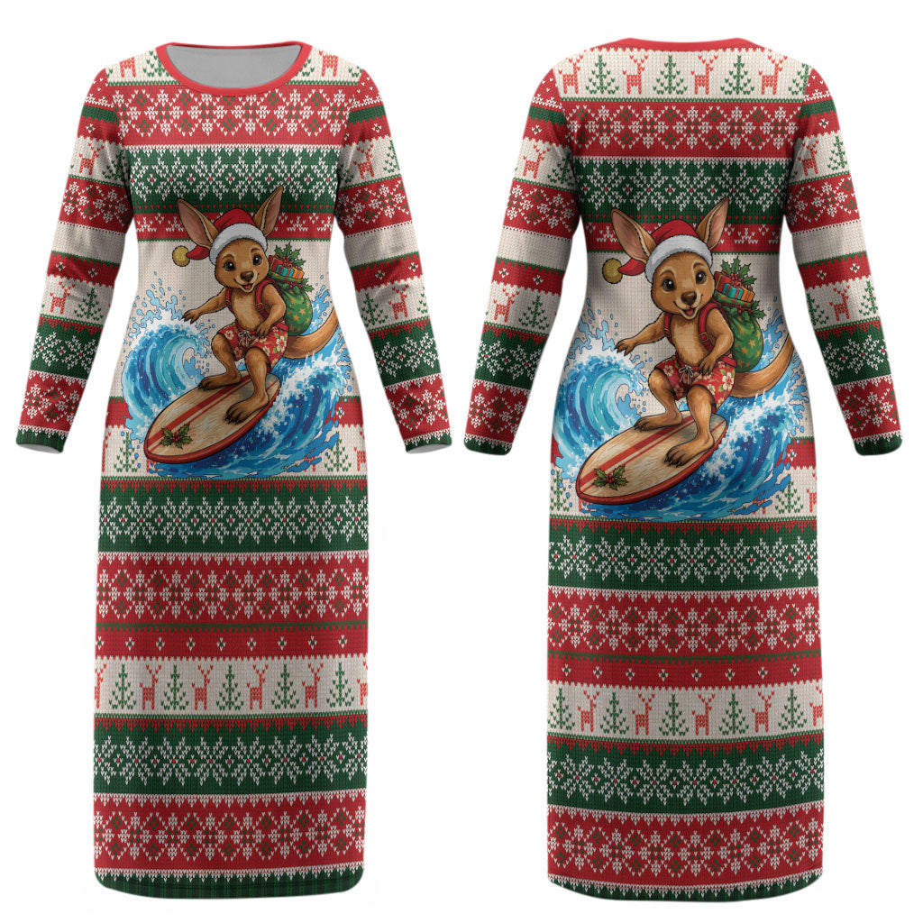 Aussie Wallaby Santa Surf Christmas Couples Matching Long Sleeve Bodycon Dress and Long Sleeve Button Shirt Festive Knitted Pattern Inspired