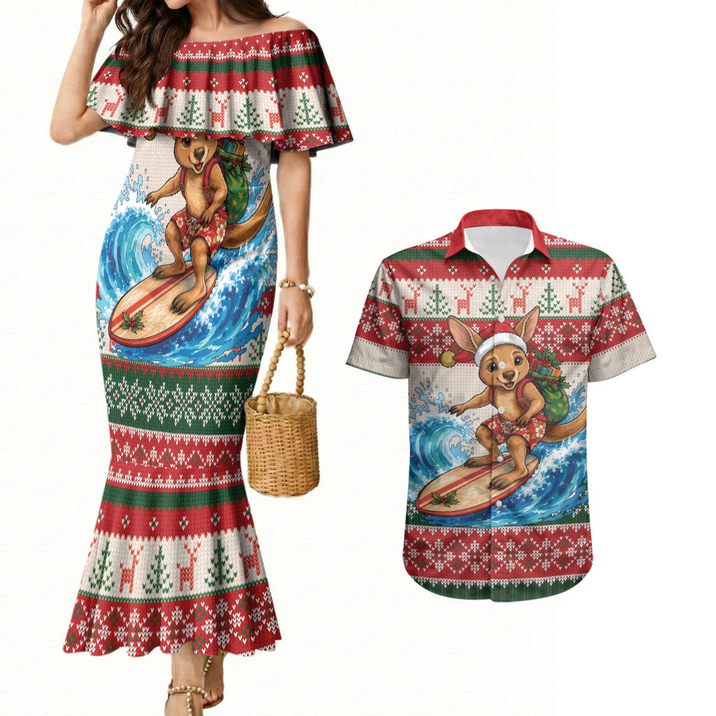 Aussie Wallaby Santa Surf Christmas Couples Matching Mermaid Dress and Hawaiian Shirt Festive Knitted Pattern Inspired