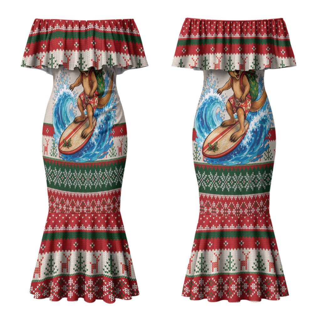 Aussie Wallaby Santa Surf Christmas Couples Matching Mermaid Dress and Hawaiian Shirt Festive Knitted Pattern Inspired