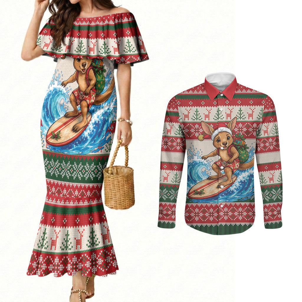 Aussie Wallaby Santa Surf Christmas Couples Matching Mermaid Dress and Long Sleeve Button Shirt Festive Knitted Pattern Inspired