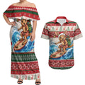 Aussie Wallaby Santa Surf Christmas Couples Matching Off Shoulder Maxi Dress and Hawaiian Shirt Festive Knitted Pattern Inspired