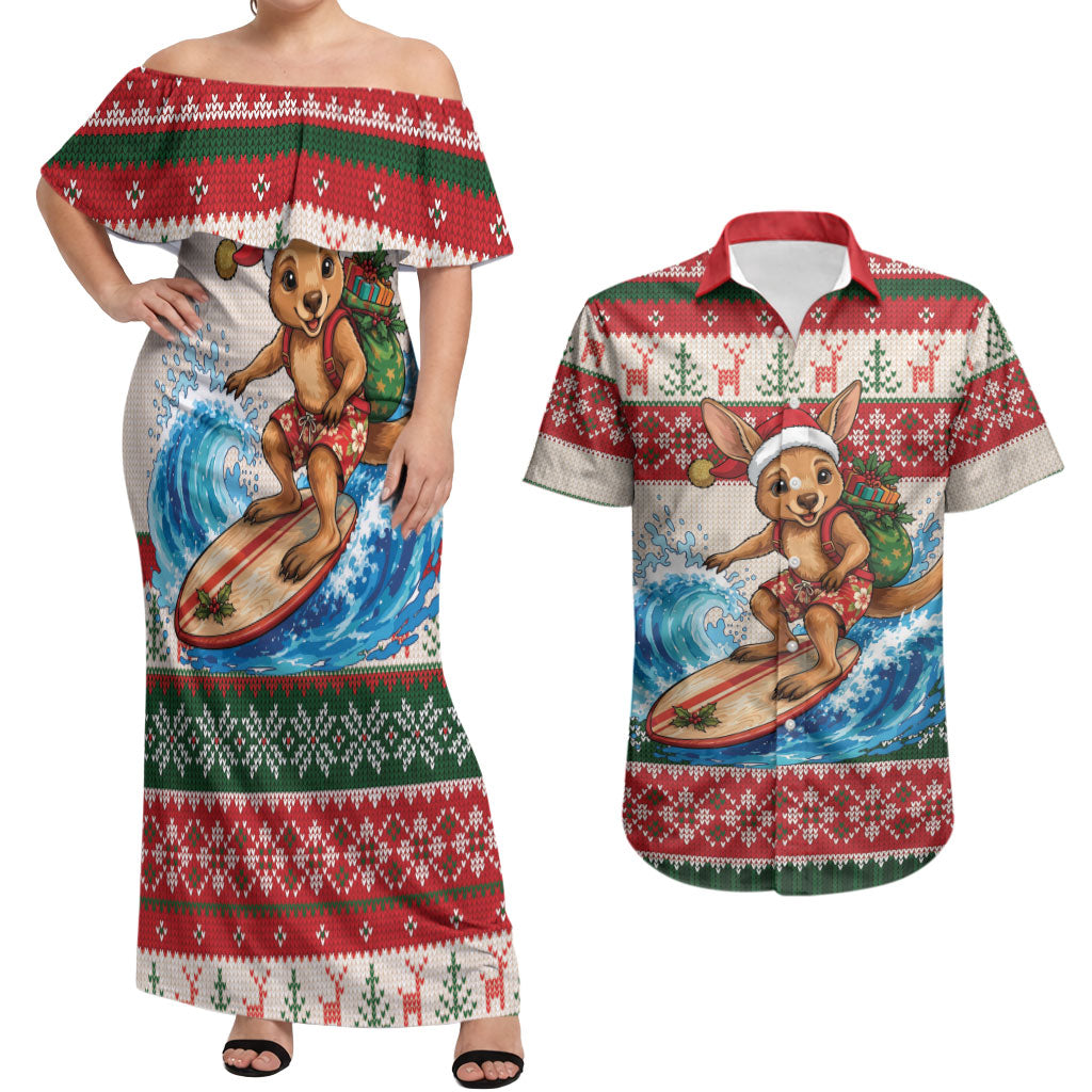 Aussie Wallaby Santa Surf Christmas Couples Matching Off Shoulder Maxi Dress and Hawaiian Shirt Festive Knitted Pattern Inspired