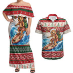 Aussie Wallaby Santa Surf Christmas Couples Matching Off Shoulder Maxi Dress and Hawaiian Shirt Festive Knitted Pattern Inspired