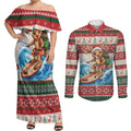 Aussie Wallaby Santa Surf Christmas Couples Matching Off Shoulder Maxi Dress and Long Sleeve Button Shirt Festive Knitted Pattern Inspired