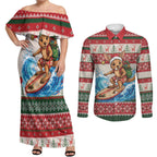 Aussie Wallaby Santa Surf Christmas Couples Matching Off Shoulder Maxi Dress and Long Sleeve Button Shirt Festive Knitted Pattern Inspired