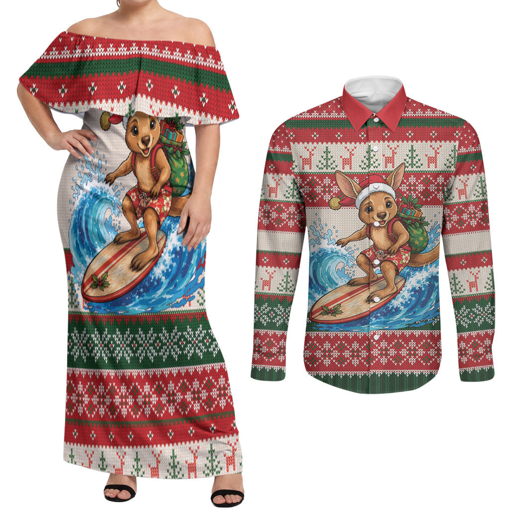 Aussie Wallaby Santa Surf Christmas Couples Matching Off Shoulder Maxi Dress and Long Sleeve Button Shirt Festive Knitted Pattern Inspired