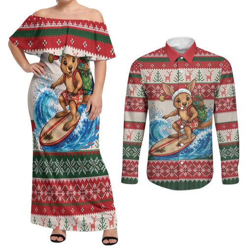 Aussie Wallaby Santa Surf Christmas Couples Matching Off Shoulder Maxi Dress and Long Sleeve Button Shirt Festive Knitted Pattern Inspired