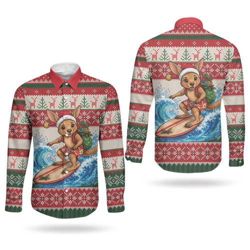 Aussie Wallaby Santa Surf Christmas Couples Matching Off Shoulder Maxi Dress and Long Sleeve Button Shirt Festive Knitted Pattern Inspired