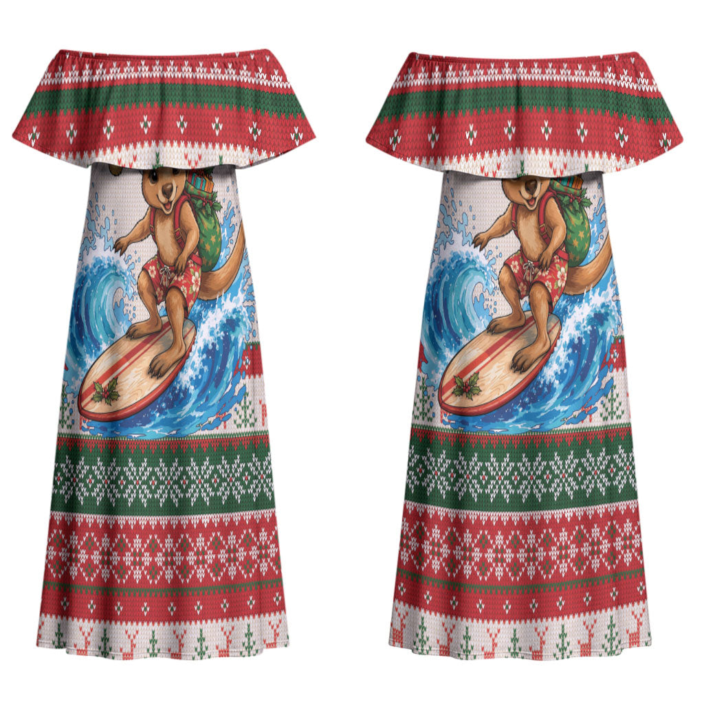 Aussie Wallaby Santa Surf Christmas Couples Matching Off Shoulder Maxi Dress and Long Sleeve Button Shirt Festive Knitted Pattern Inspired