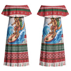 Aussie Wallaby Santa Surf Christmas Couples Matching Off Shoulder Maxi Dress and Long Sleeve Button Shirt Festive Knitted Pattern Inspired